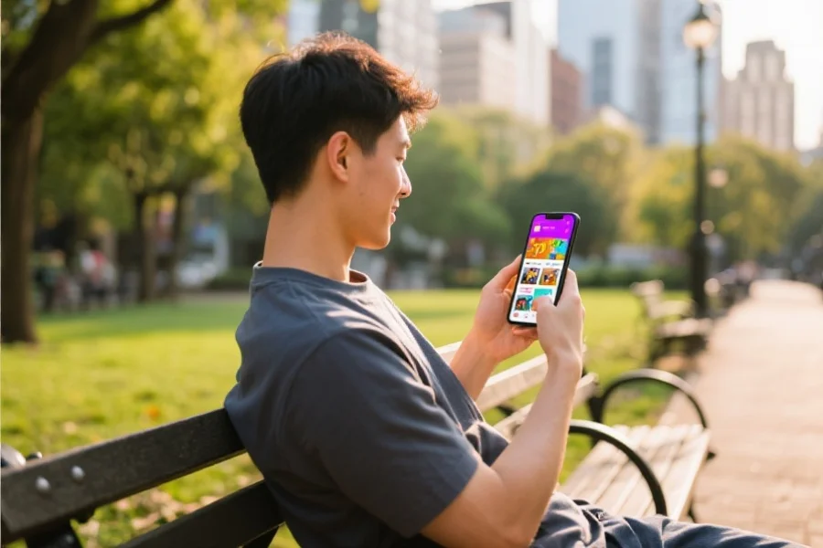 城市公园长椅上一位年轻人用手机轻松浏览娱乐APP，多彩界面显示丰富内容