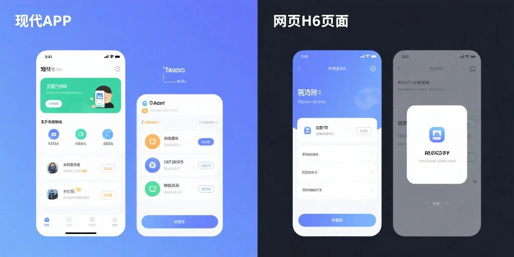 一张对比图，左侧是现代APP界面，右侧是简洁的网页H5界面，两者分别展示不同的功能模块