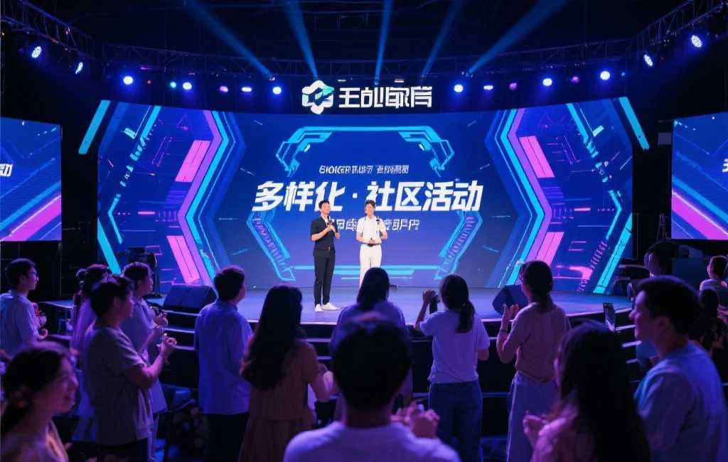 多样化的社区活动场景，用户在欢快交流，舞台上有主持人互动，背景充满科技感